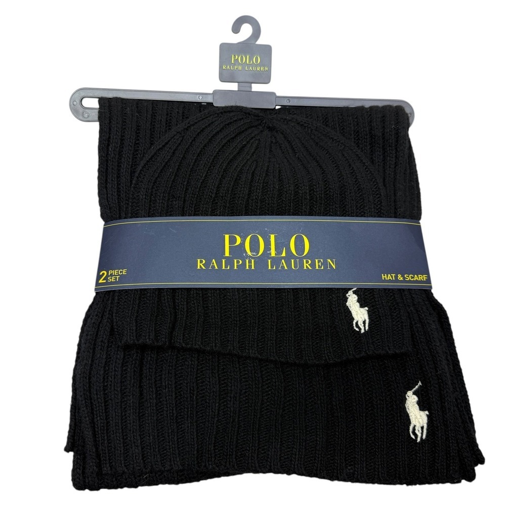 Polo Ralph Lauren Black Rib Knit Hat & Scarf 2-Piece Set NWT Classic Winter
